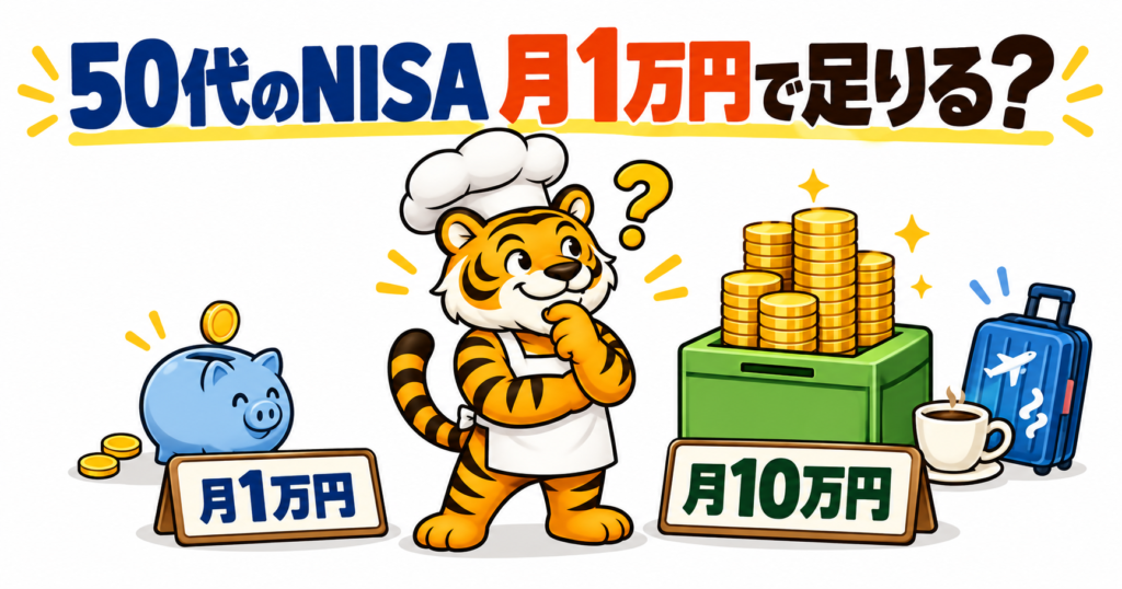 50代のNISAで月1万円と月10万円の積立額を比較するコック帽の虎