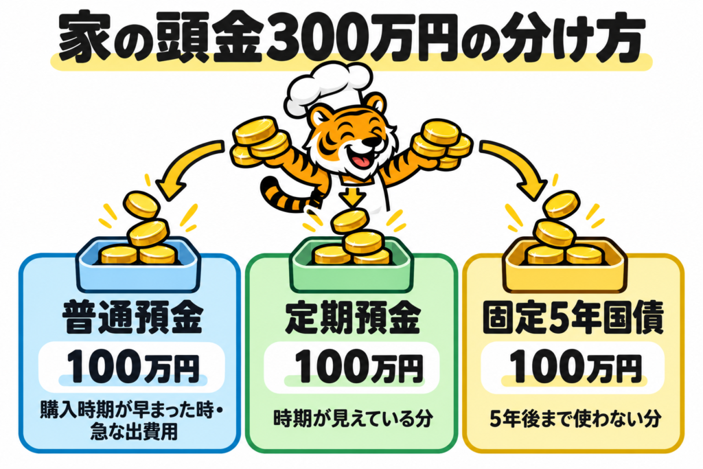 家の頭金300万円を普通預金・定期預金・固定5年国債に100万円ずつ分ける図解