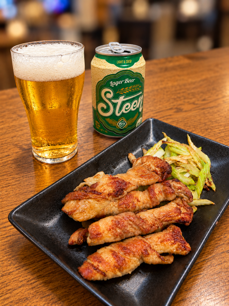 コストコのエリンギ豚バラ巻きとSTEENラガービールの家飲み晩ごはん