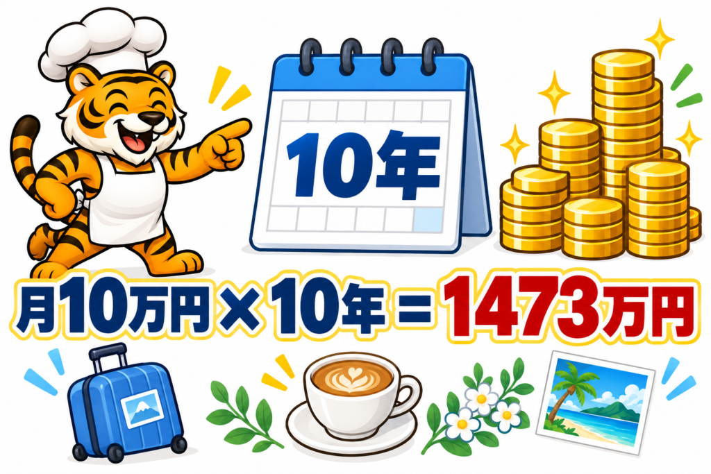 月10万円を10年間積み立て年4％で運用した場合の約1473万円を示すコック帽の虎