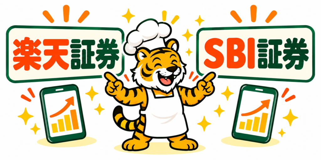 楽天証券とSBI証券のどちらでもNISAを始められることを示す虎のイラスト