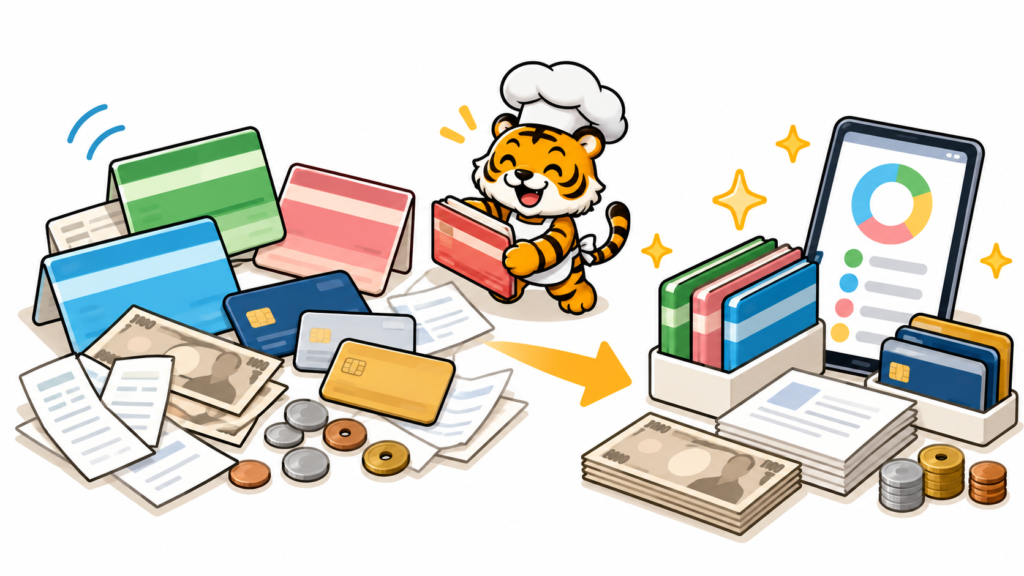 バラバラだった銀行口座や通帳、クレジットカードを整理して資産を見える化するイラスト