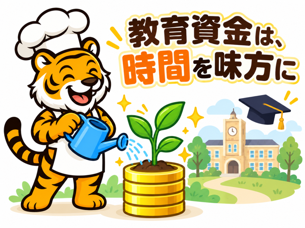 子どもNISAによる大学資金の長期積立を、コインから育つ木と虎のキャラクターで表現したイラスト