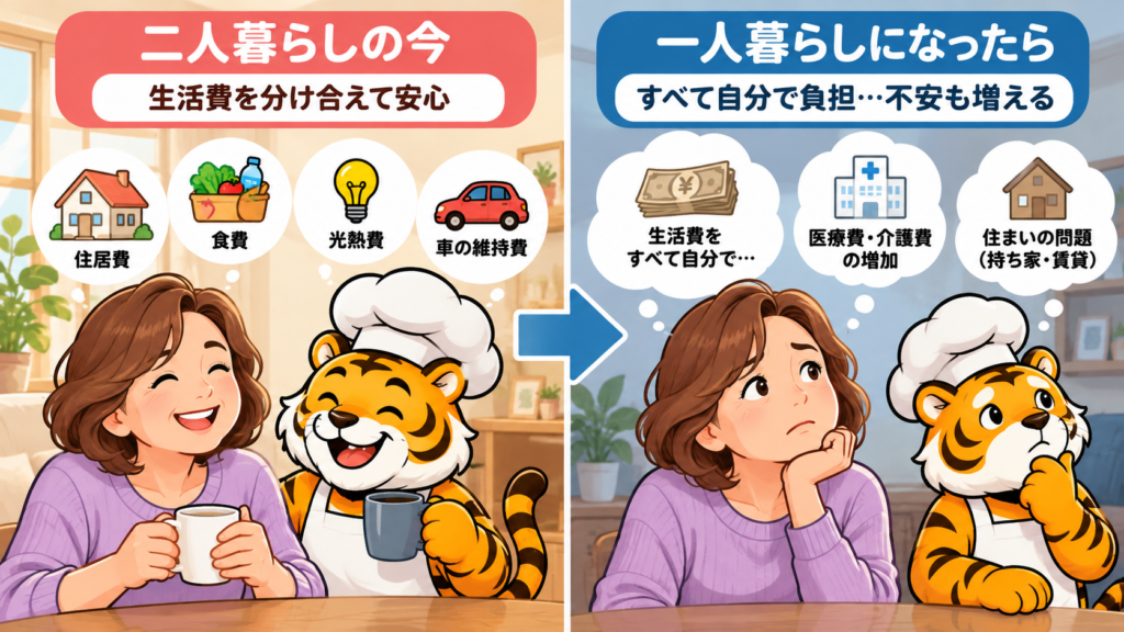 二人暮らしと一人暮らしの生活費負担の違いを比較したイラスト