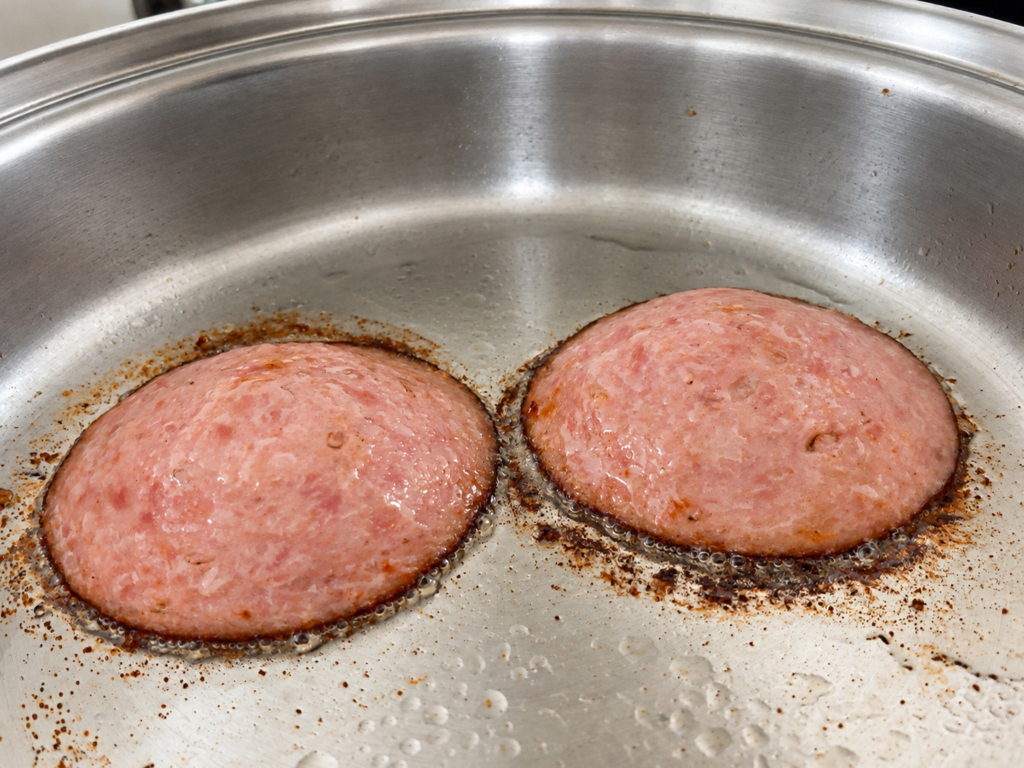 焼いている途中で中央が膨らみ、周囲に脂が出ているシャウスライス