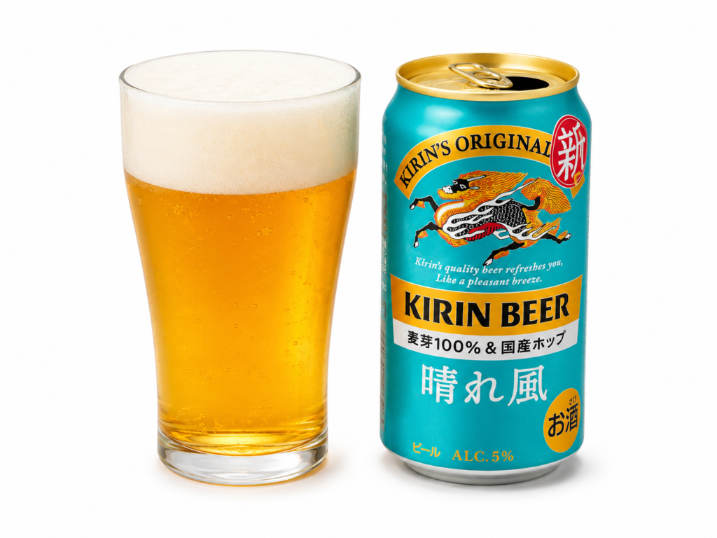 キリンビール晴れ風の缶と泡立つビールグラスを白背景で並べた商品写真