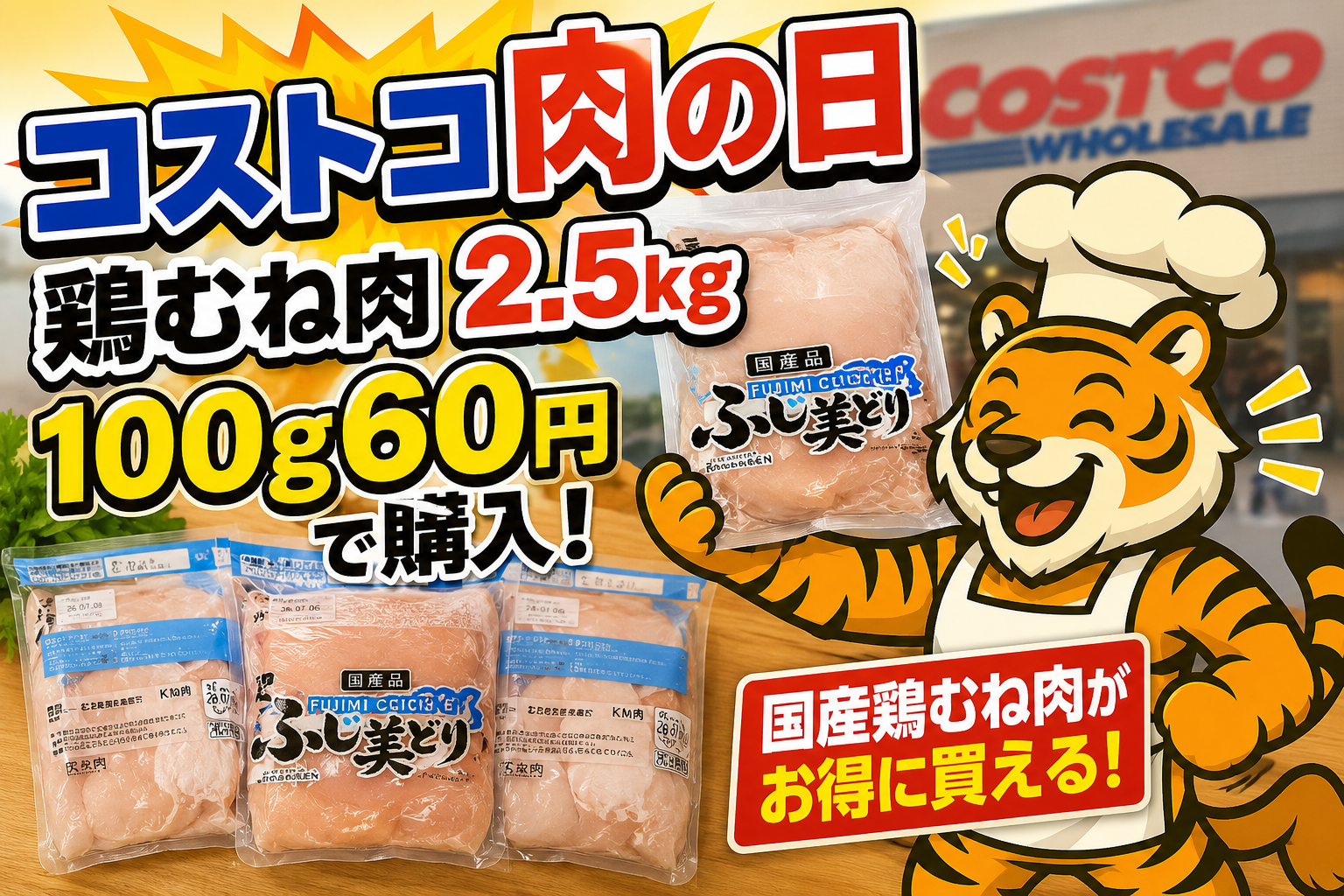 コストコ肉の日に購入した国産鶏むね肉2.5kgと100g60円の価格を紹介するアイキャッチ画像