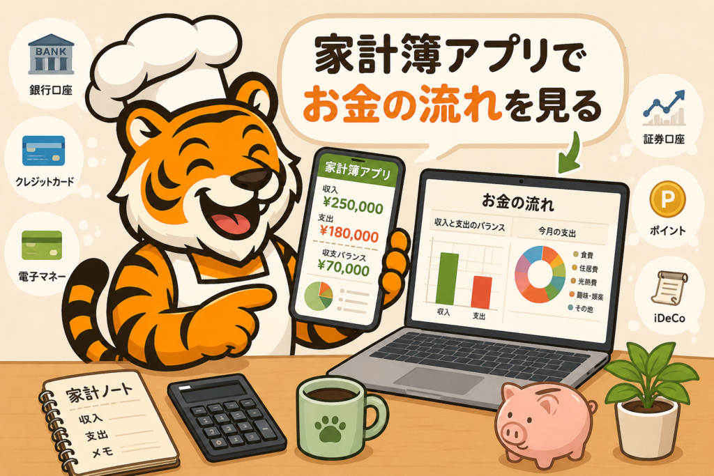 家計簿アプリで銀行口座やクレジットカード、証券口座を連携してお金の流れを確認するイラスト