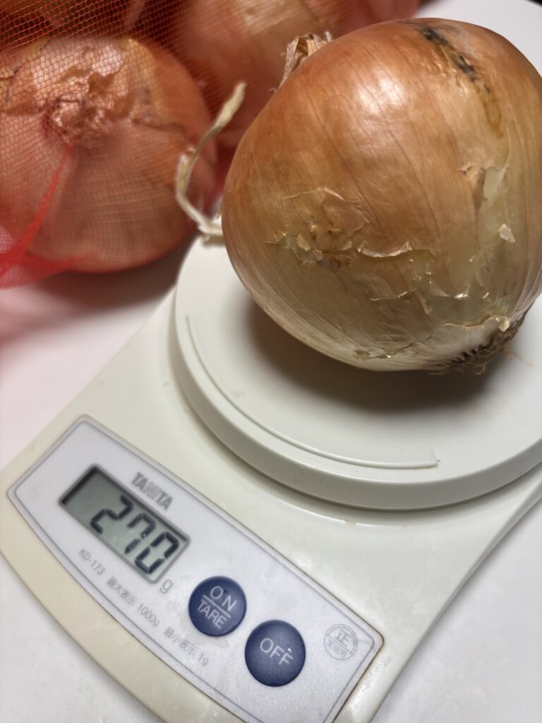 コストコ愛媛県産玉ねぎ1玉の重さを量った写真