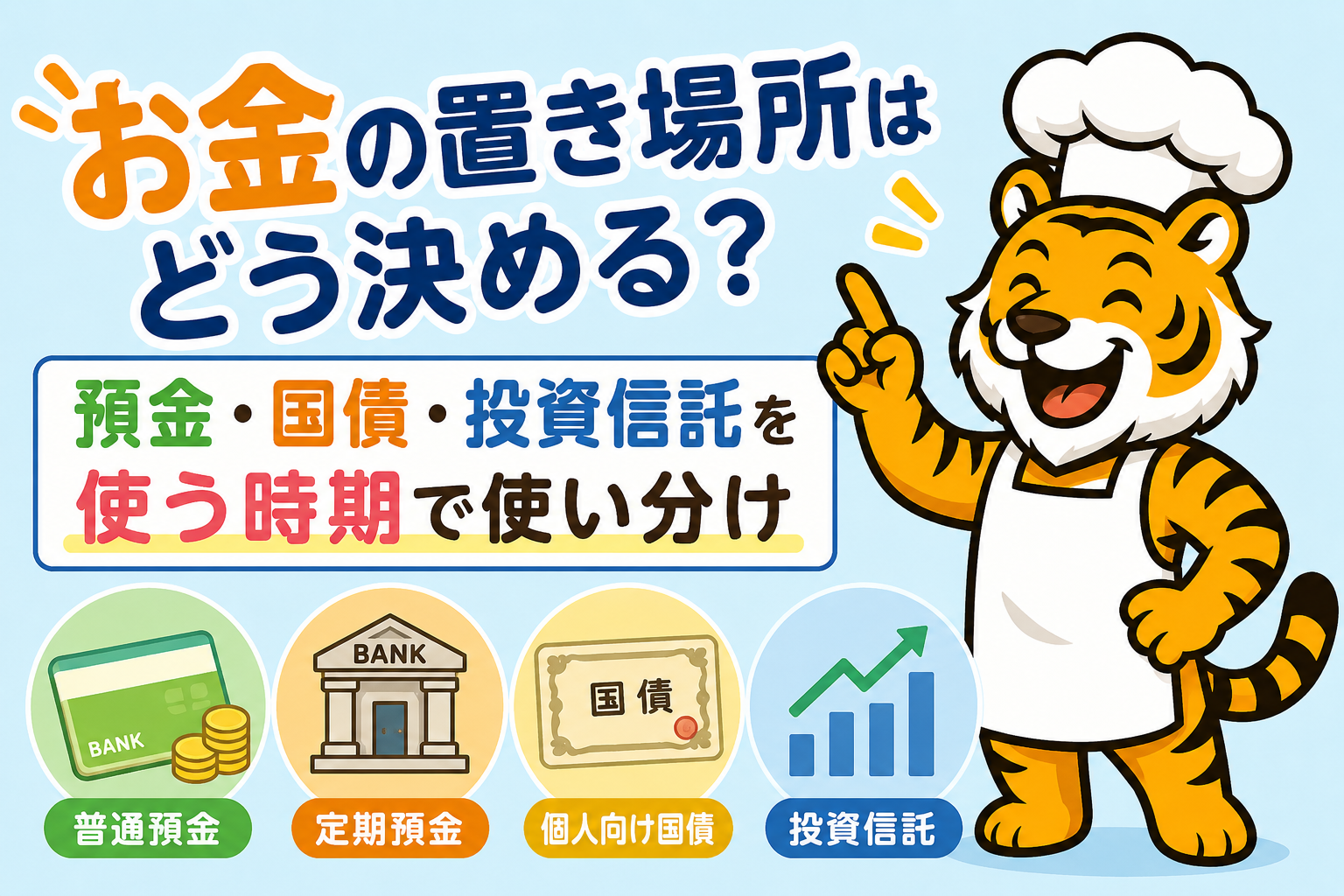 普通預金・個人向け国債・投資信託など、お金の置き場所を使う時期別に考えるトラのイラスト
