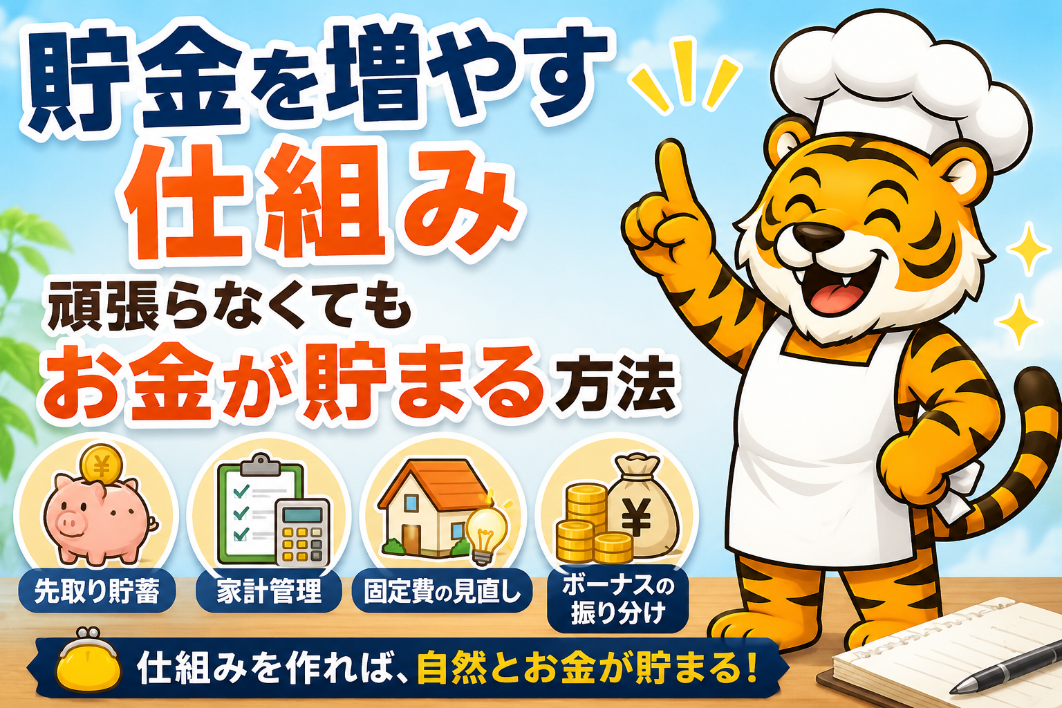 先取り貯蓄や家計管理で貯金を増やす仕組みを紹介するトラのイラスト
