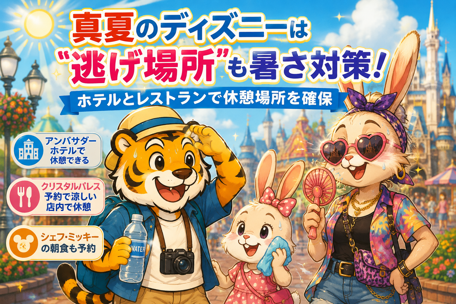 真夏のディズニーでホテルとレストランを暑さ対策として活用するイメージ