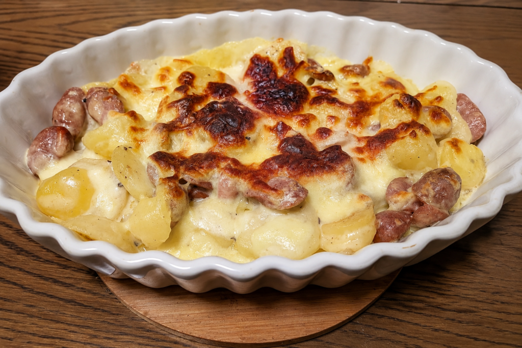 楕円形の耐熱皿で焼いたソーセージ入りポテトグラタン