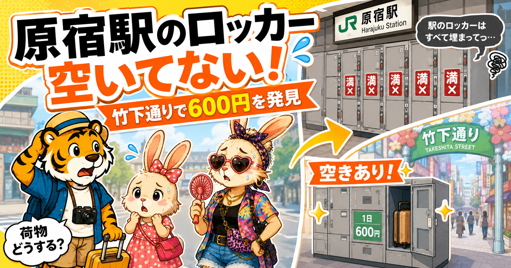 原宿駅のコインロッカーが空いておらず竹下通りで600円のロッカーを見つけた体験記事のアイキャッチ