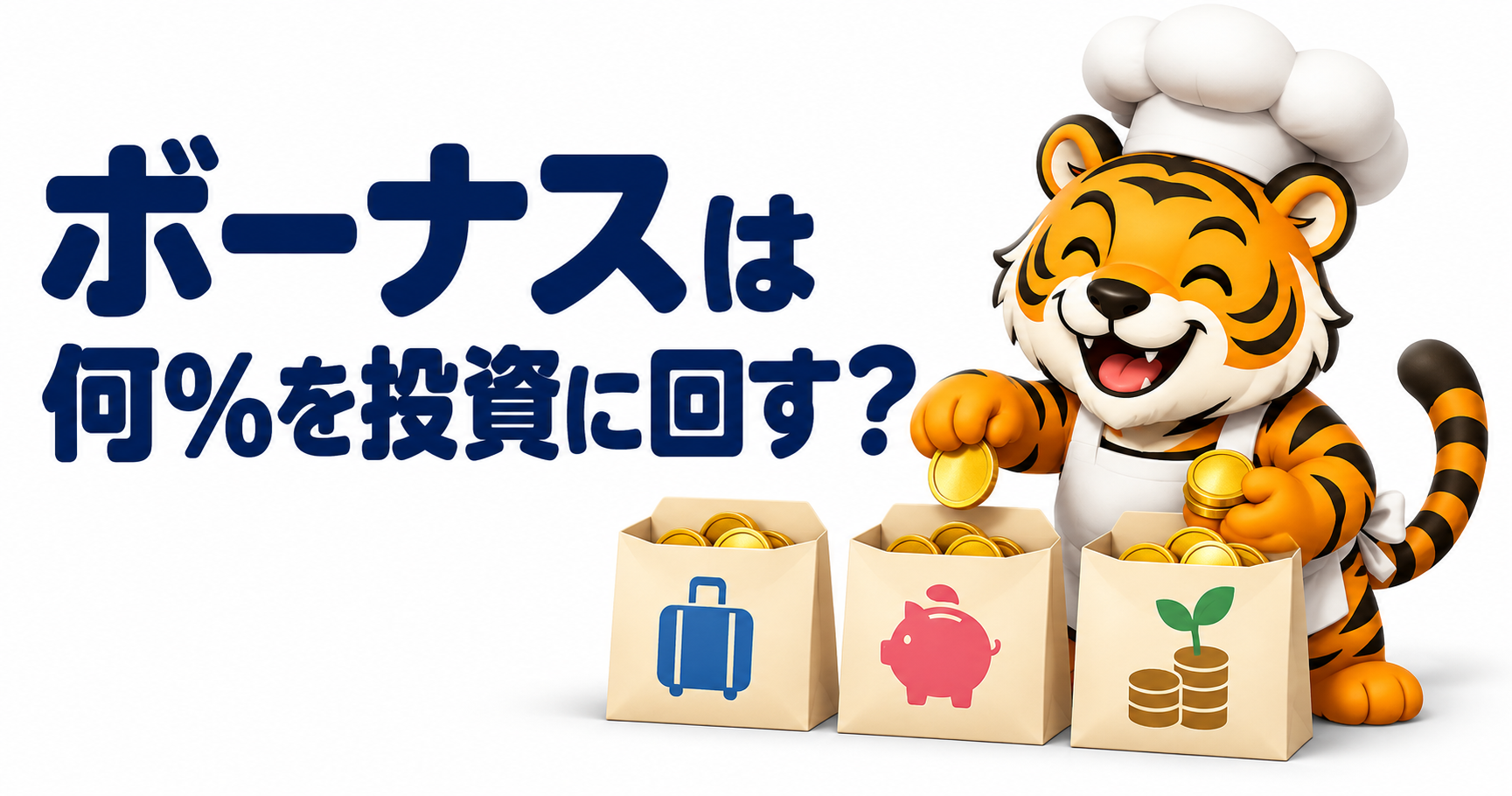 ボーナスは何％を投資に回す？旅行・貯金・投資へお金を振り分けるコック虎のイラスト
