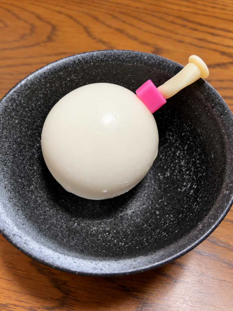 楊枝を刺して割る前の牧家白いプリン