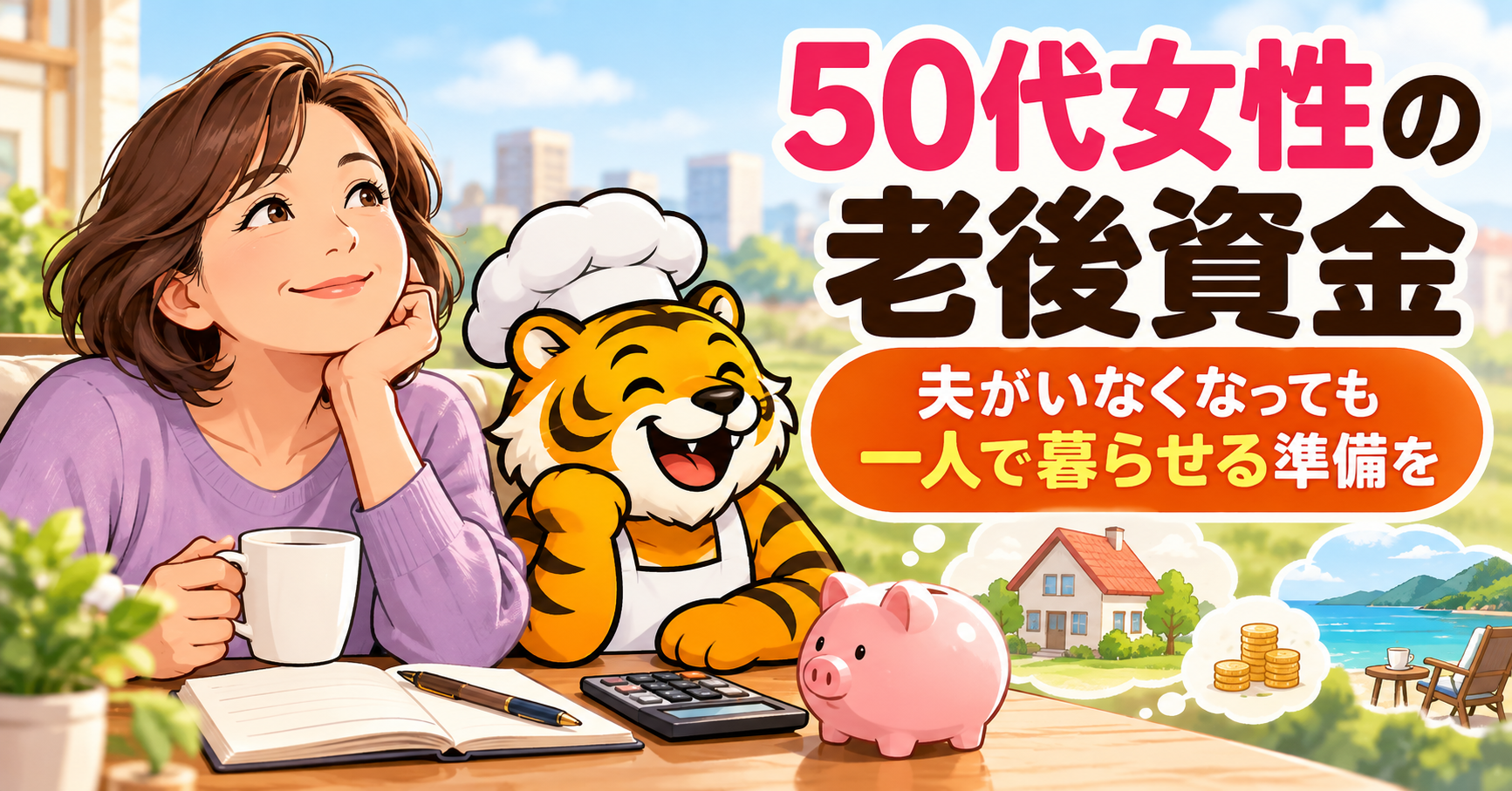 50代女性の老後資金｜パートナーがいなくても一人で暮らせる準備を考える女性と虎のキャラクター